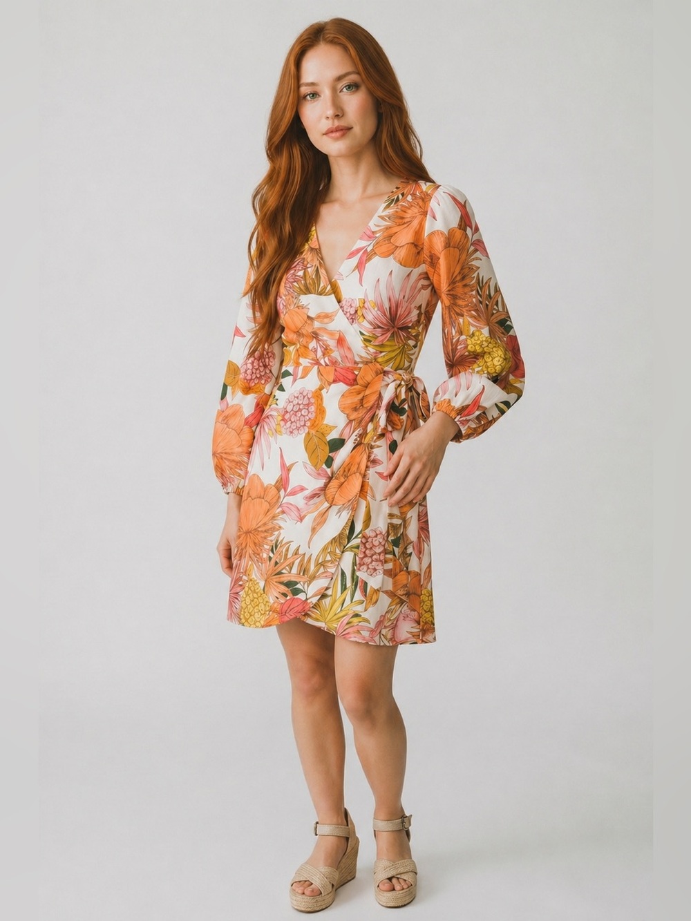 Express Floral Linen-Blend V-Neck Long Sleeve Tie Wrap Mini Sheath Dress size L